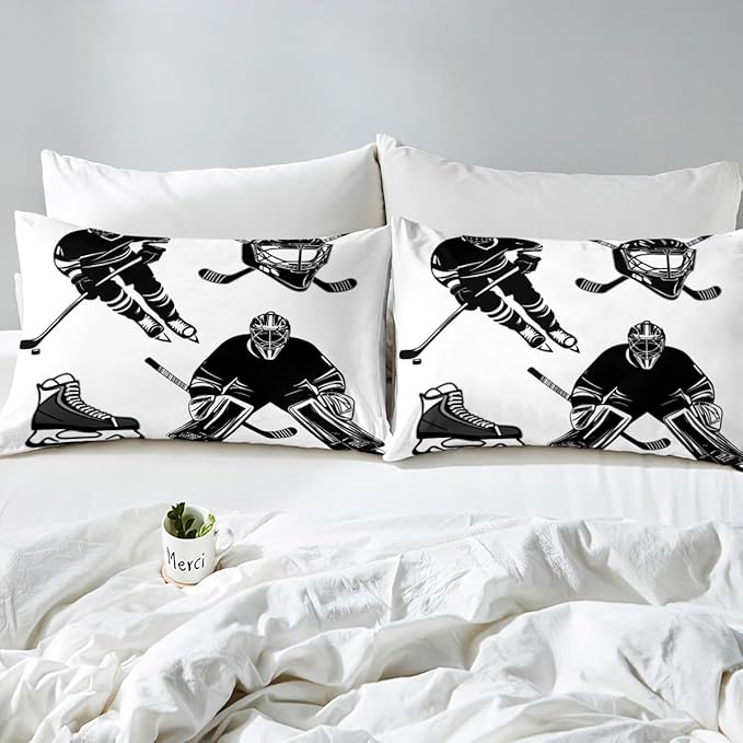 Feelyou Boys Ice Hockey Bedding Set for Kids Children Hockey Player Printed Bed Sheet Set Decorative Sports Event Bed Sheets Black White Winter Sports Sheets Set King Size 4 Pcs