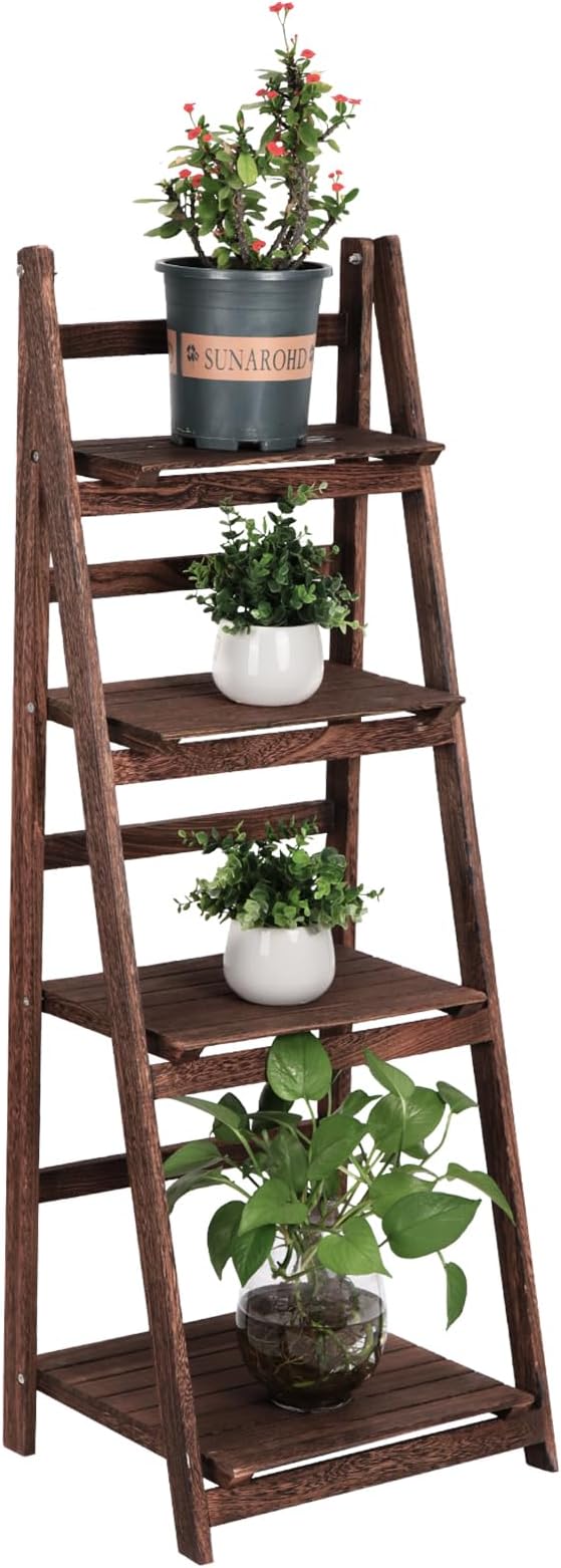 Funkeen 4 Tier Wooden Ladder Shelf, Decorative Freestanding Leaning Display Bookshelf, Folding Indoor & Outdoor Plant Stand Rustic Storage Rack Shelves for Living Room, Bathroom, Balcony, Kitchen