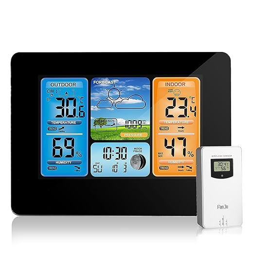 ALLOMN Weather Station Wireless Indoor Outdoor Thermometer, Color Display Digital Thermometer with Remote Sensor, Home Weather Station with Barometer Dual Alarm Clock, Forecast Station, Black