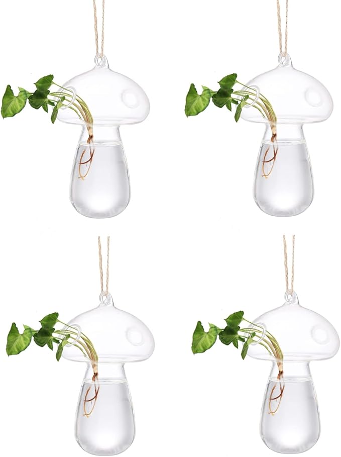 Asodomo 4 Pack Creative Mushroom Hydroponic Vase Hanging Glass Planter Plant Terrarium Container Propagation Stations with Hemp Rope for Air Plant Flowers Indoor Wall Window Home Decor