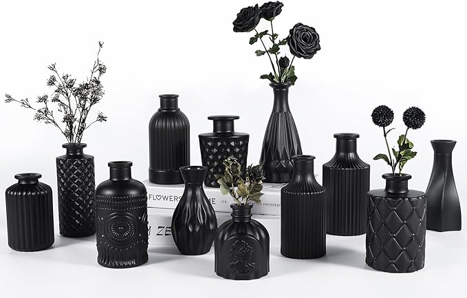 TBWIND 12pcs Glass Black Bud Vases Set, Small Vases for Flowers, Bud Vase for Centerpieces in Bulk, Mini Vintage Vase for Rustic Wedding Decorations, Office and Home Table Flower Décor