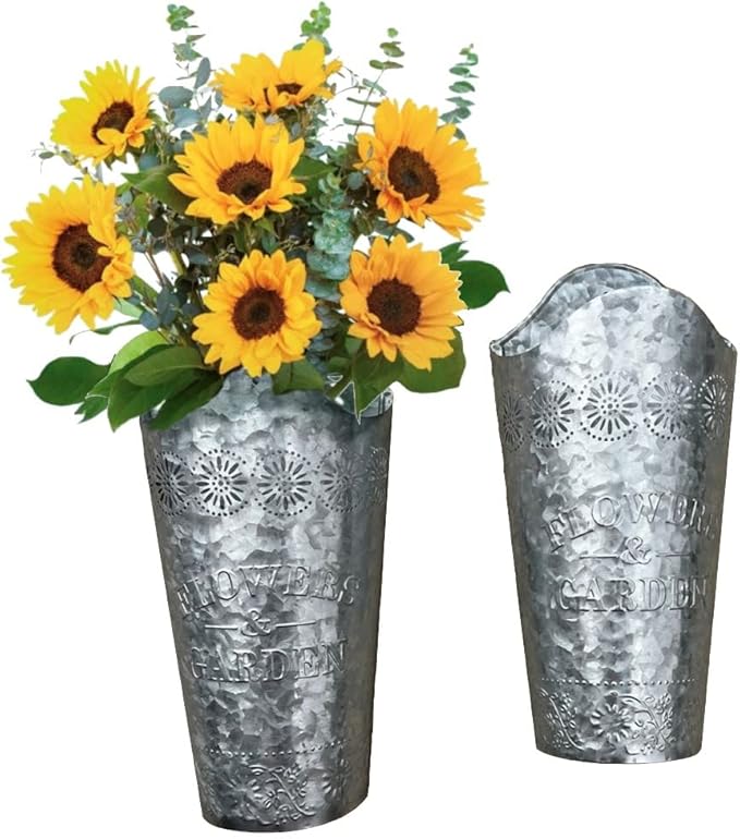 Lily's Home Set of 2 Rustic Farmhouse Galvanized Metal Wall Planters, with Floral Accents for Indoor or Outdoor Artificial Greenery. Rustic Hanging Flower Holders Wall Decor