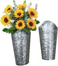 Lily's Home Set of 2 Rustic Farmhouse Galvanized Metal Wall Planters, with Floral Accents for Indoor or Outdoor Artificial Greenery. Rustic Hanging Flower Holders Wall Decor