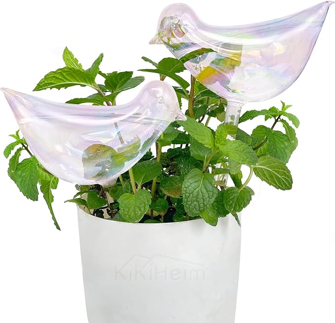 KiKiHeim 2Pcs Plant Watering Globes, Colorful Glass Plant Self Watering Devices, Bird Shape Self Watering Globes, Water Bulbs for Indoor Plants