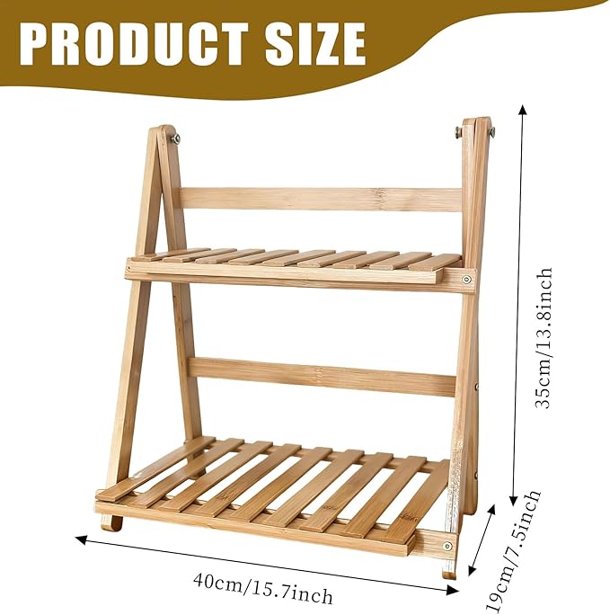 Coffee Station Organizer:2 Tier Foldable Bamboo Matcha Station Organizer Shelf,15.8" Countertop Display Rack for Coffee Bar. Desktop Flower Pot Rack for Kitchen,Window Sill,Living Room