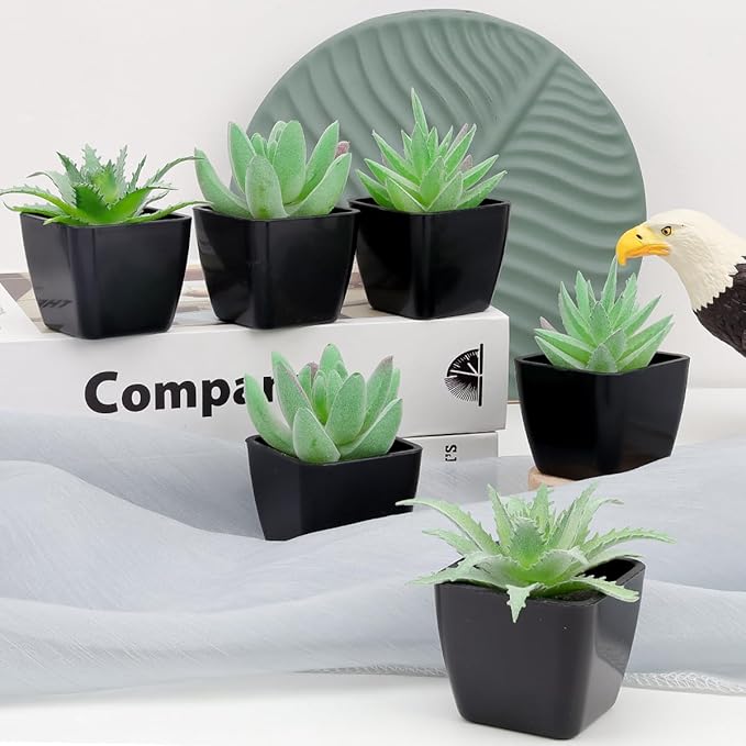 Woration 6pcs Fake Succulent Plants in Black Pots Artificial Mini Succulents Potted Green Decor Set Faux Greenery for Office Desk Table Shelf Party Decorations