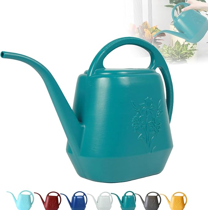 Watering Can 1 Gallon with Comfortable Handle, Flower Patterns Watering Can Indoor Plants, Plastic Long Spout Watering Can for House Plants Succulent Bonsai Garden Flower Outdoor (Green)