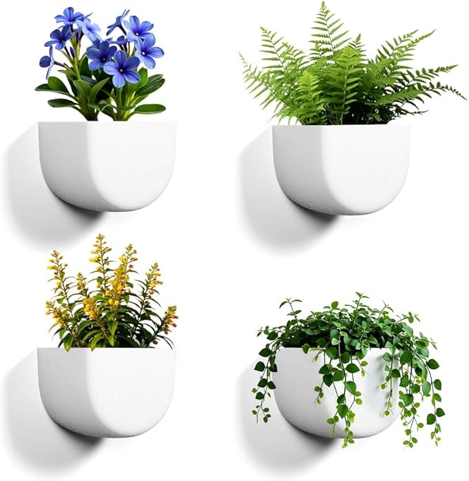 Asnext 2 Pack Wall Hanging Planter Pots for Indoor and Outdoor Plants, 7 Inch Half-Moon-Shaped Plastic Wall Planter, Wall Mounted Succulent Planters (White)