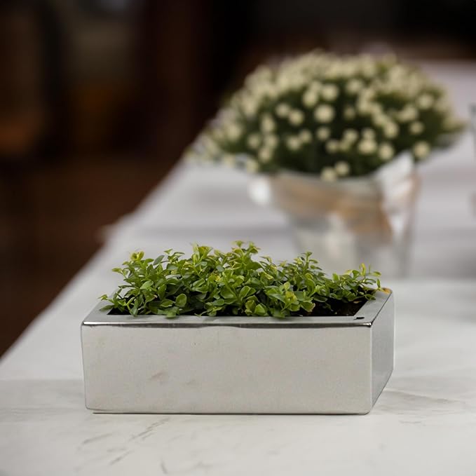 WGVI Long Rectangle Ceramic Planter Vase in Silver 12" x 4" x 4"H, Block Rectangular Terrarium Box Pot, Flower Arrangement, Table top Centerpiece, Home Decor Organization Storage Container, 6 Pcs.