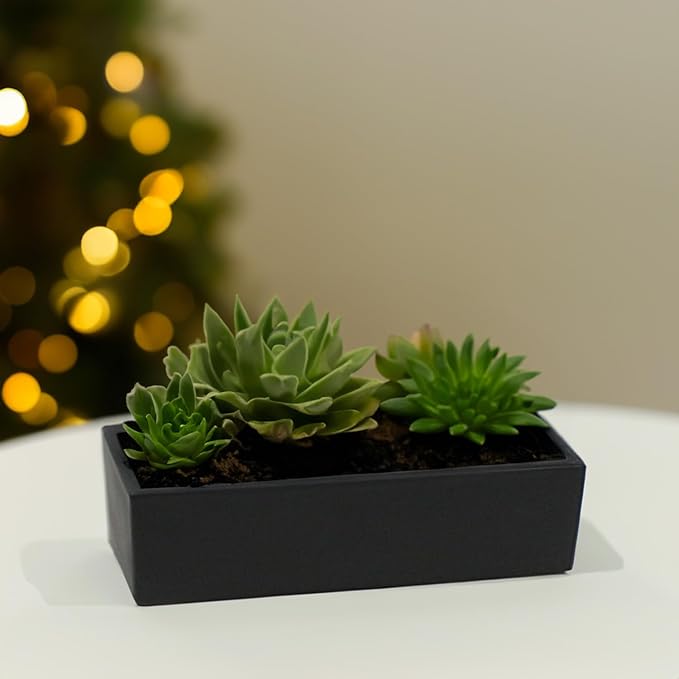 WGVI Long Rectangle Ceramic Planter Vase in Black 14" x 4" x 4"H, Rectangular Box Block Terrarium Pot, Flower Arrangement, Tabletop Centerpiece, Home Decor Organization Storage Container, 4 Pcs.