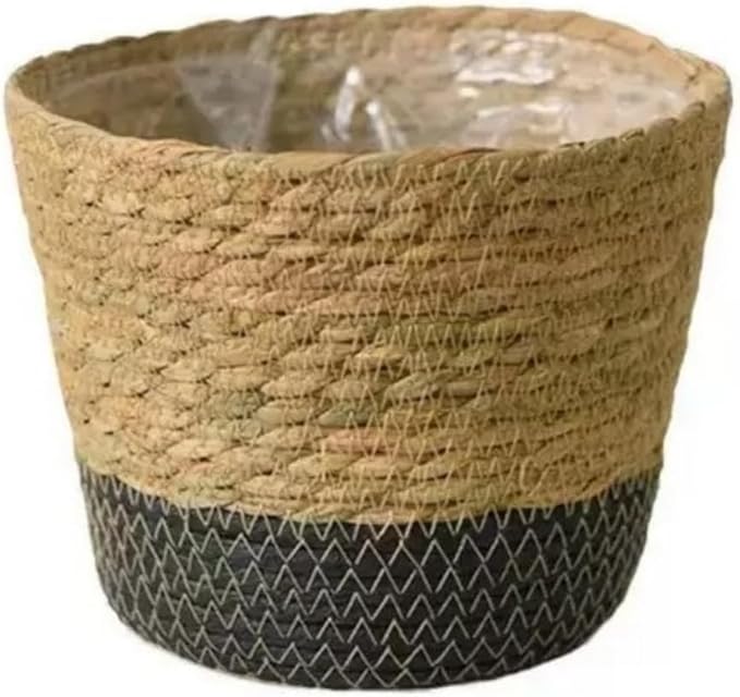 7'' Seagrass Round Wicker Planter Basket with Plastic Liner, Handmade Woven Basket Flower Pot for Indoor Plants and Flower, Boho Home Decor, Bread & Fruit Storage Basket (Black,7.8''X6.3'')