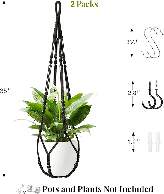 LEWESU Macrame Plant Hanger Indoor Set of 2 with 4 Hooks, Indoor Outdoor Hanging Planter for Plants Holder with Decorative Wood Beads & No Tassels, Boho Home Decor, 35 Inch Black (Pots Not Included)