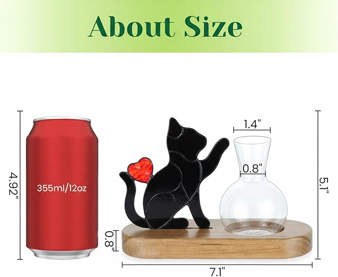 Hewory Handmade Cat Propagation Stations: Black Stained Glass Cat Planter Pot with Wooden Stand for Desktop Decor for Plant Lovers Women
