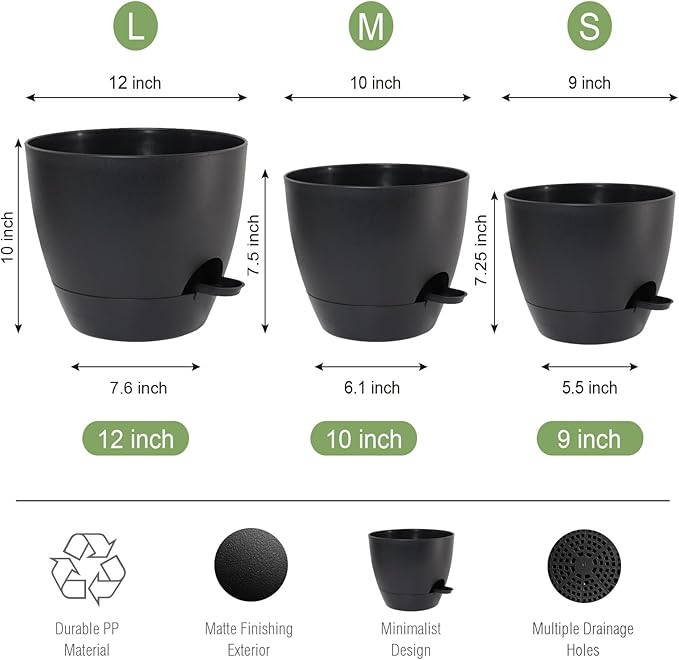 UOUZ Large Self Watering Pots, 12/10/9 Plastic Planters with High Drainage Holes and Deep Reservoir for Indoor Outdoor Garden Plants and Flowers, Black