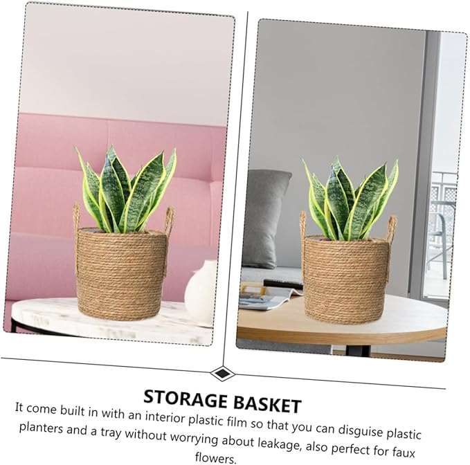 Rattan Basket Flower Pot 25cm Straw Flowerpot Vintage Style for Home Decor