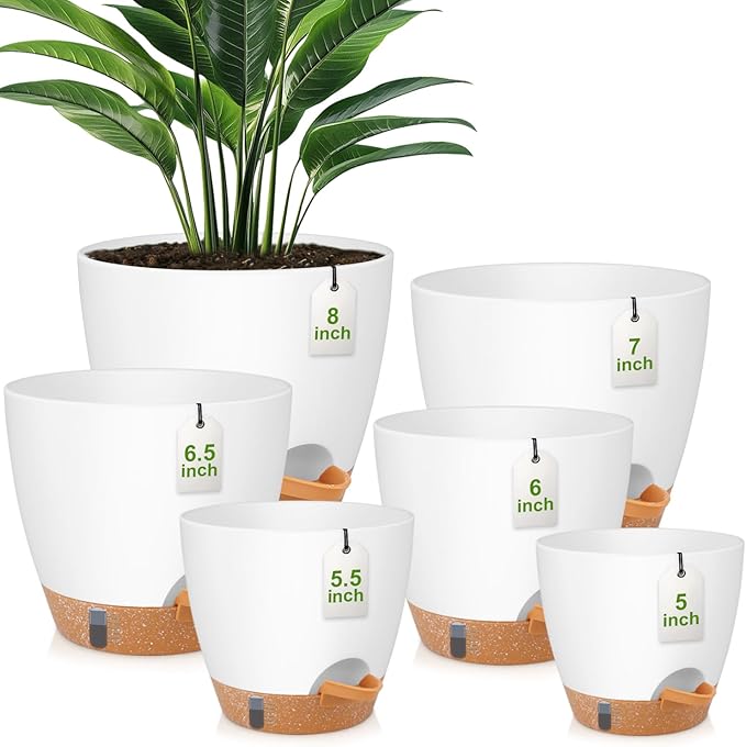 QRRICA Plant Pots 8/7/6.5/6/5.5/5 Inch Self Watering Pots, with Drainage Holes and Saucers,Water Level Indicator & Deep Reservoir,Large Plastic Planter for Indoor Out Door Plants (White)