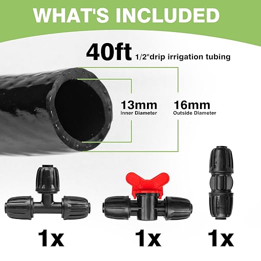 Maotong 40 FT 1/2 inch Drip Irrigation Irrigation kit Main Line Supply Hose Tube for Garden Irrigation System (Includes 1/2"" Straight Connector, 3-Way Connector, Switch Valve), Black