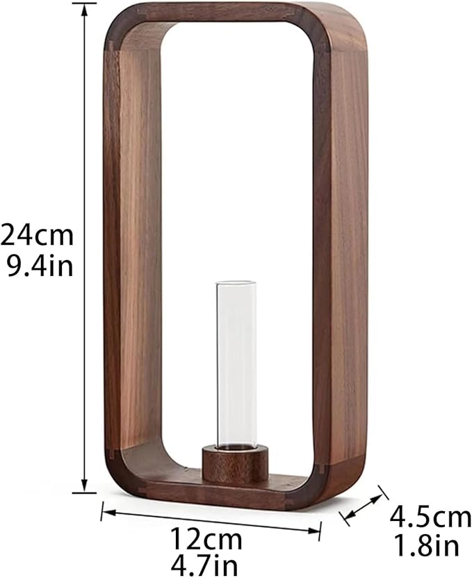 Transprent Glass Vase Test Tube Hydrophilic Plants Holder Walnut Wooden Frame Flower Stand Table Garden Bonsai Decor,Gifts for Women, Home Office Decor Planter (Big)