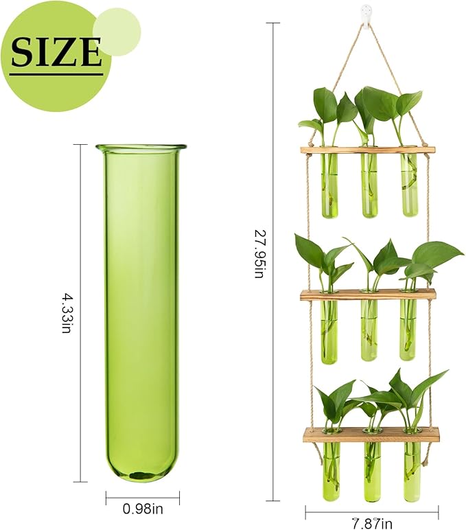 XXXFLOWER Wall Hanging Propagation Station with Wooden Stand 9 Test Tubes Vases Tiers Planters Wall Terrarium for Home Office Plant Hanger Flower Vases Wall Decor Hydroponic Cuttings(Green)