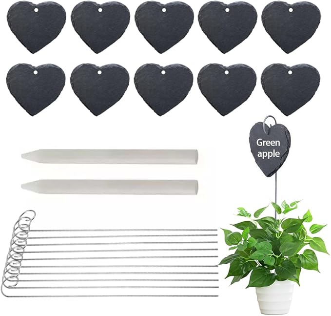 Slate Plant Labels Garden Markers Signs Labels with Stainless Steel Stake & Marker Pen Waterproof Slate Plant Labels for Flowers, Herbs, Potted Plants, Seed (Heart, 10PCS)