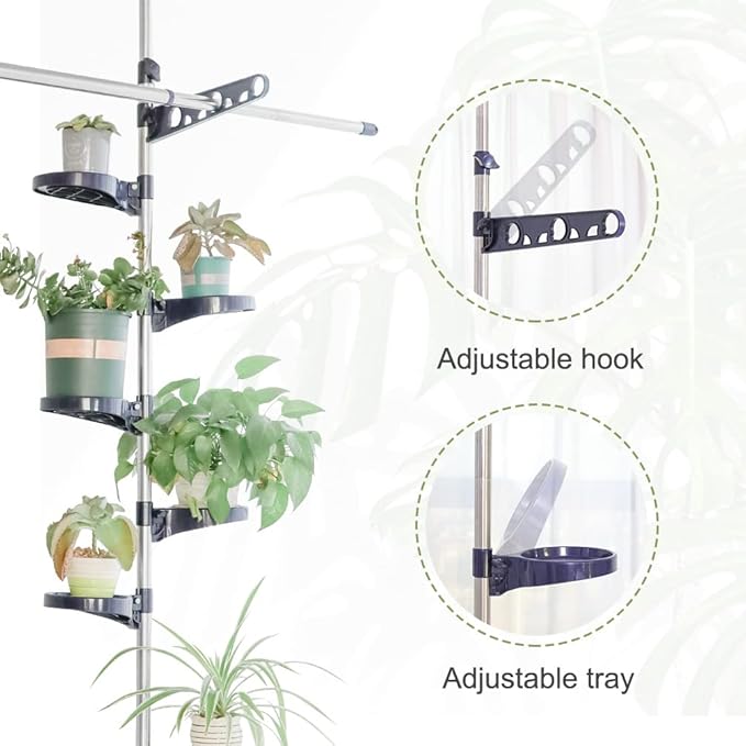 BAOYOUNI Indoor Tension Plant Pole Stands Double Rods Flower Pots Storage Shelf Floor to Ceiling Display Rack Hanger with 12 Trays, 2 Hooks & 1 Telescopic Rod for Clothes Drying, Navy Blue