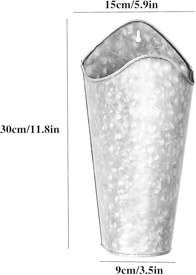 2 Pack Galvanized Metal Wall Planters, Hammered Silver Wall Mounted Flower Vases, Rustic Farmhouse Wall Decor for Dried Flowers, Greenery, Bathroom, Bedroom, Living Room (Silver)
