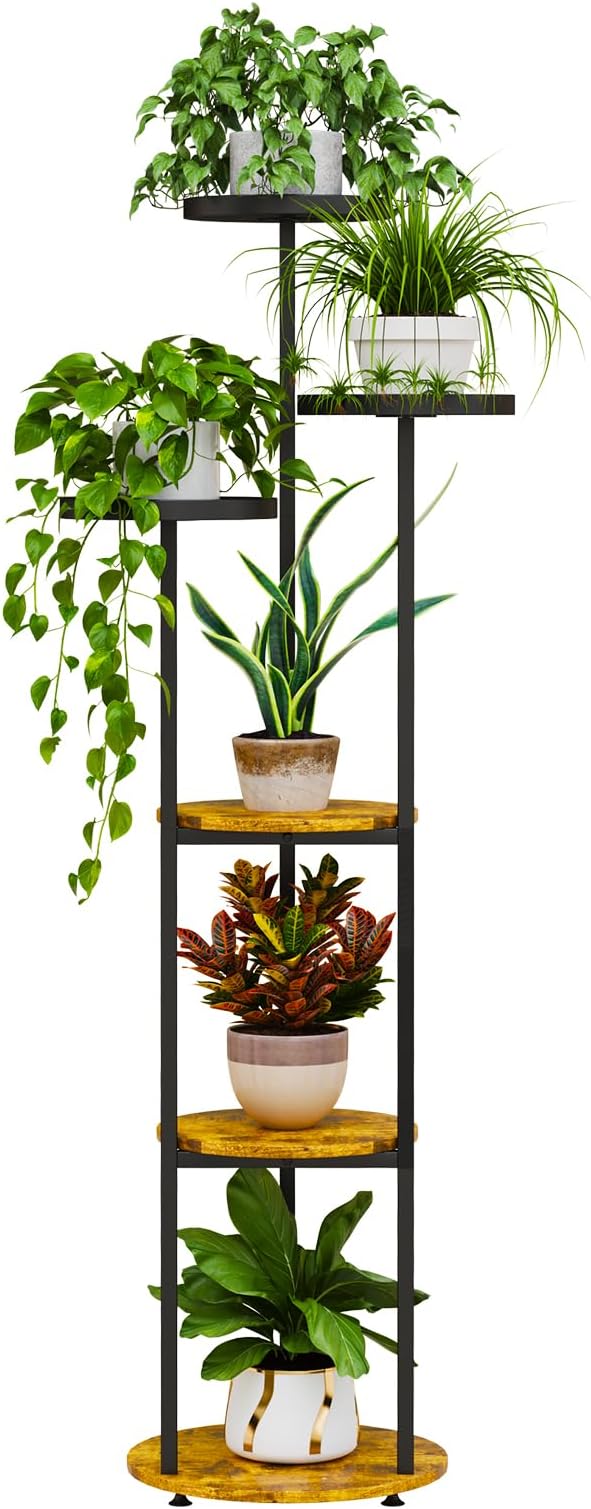 Plant Stand 6 Tier Indoor Metal Plant Shelf for Multiple Plants Corner Tall Flower Holders for Living Room Bedroom Balcony, Black (6 Tier-Black+Rustic Brown)