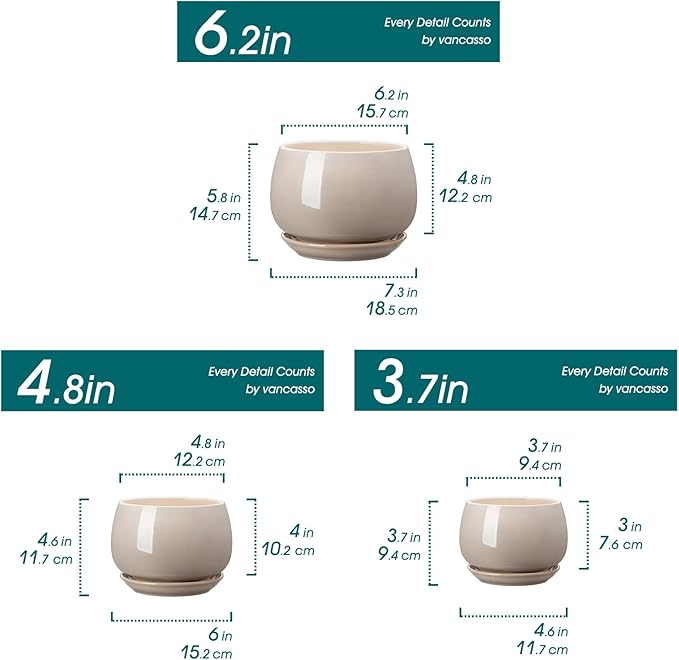 vancasso 3-Pack Ceramic Plant Pots, 3.7/4.8/6.2 Inch Indoor Planters with Saucers & Drainage Hole Planter pots for Indoor Plants and Flower, Gray