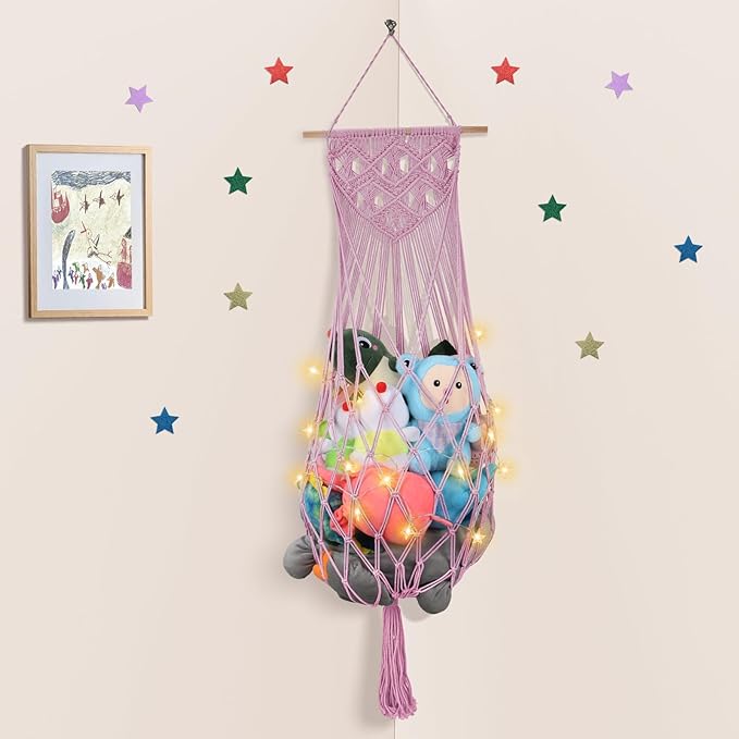 Stuffed Animal Hammock Corner, 63 Inch Jumbo Macrame Ceiling Toys Net, Light Pink Wall Hanging Organizer Holder Plush Storage Display Net with Led Light for Nursery Playroom Kid Room Decor Gift