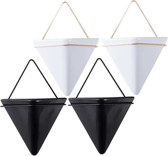 Hanging Planter, 2PCS Geometric Triangle Wall Plant Holder, Ceramic Wall Mounted Plant Holder, for Succulent, Faux Plants, Home and Office Decor, White