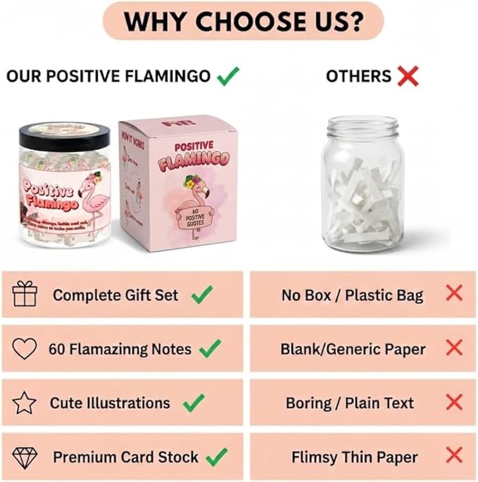 Positive Flamingo Jar with 60 Daily Affirmation Cards, Emotional Support Flamingo Decor, Mini Flamingo Figurines, Birthday Gifts for Women and Friends, Inspirational Desk Present for Coworkers