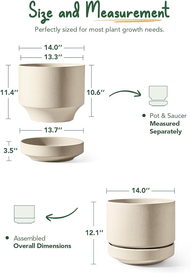 LE TAUCI Large 14 Inch Plant Pot with Saucer | Ceramic Outdoor & Indoor Big Planter Pot | Drainage Hole, Mesh Pad | Unglazed Porous | Modern Minimalist for Home and Patio – Speckled Oat