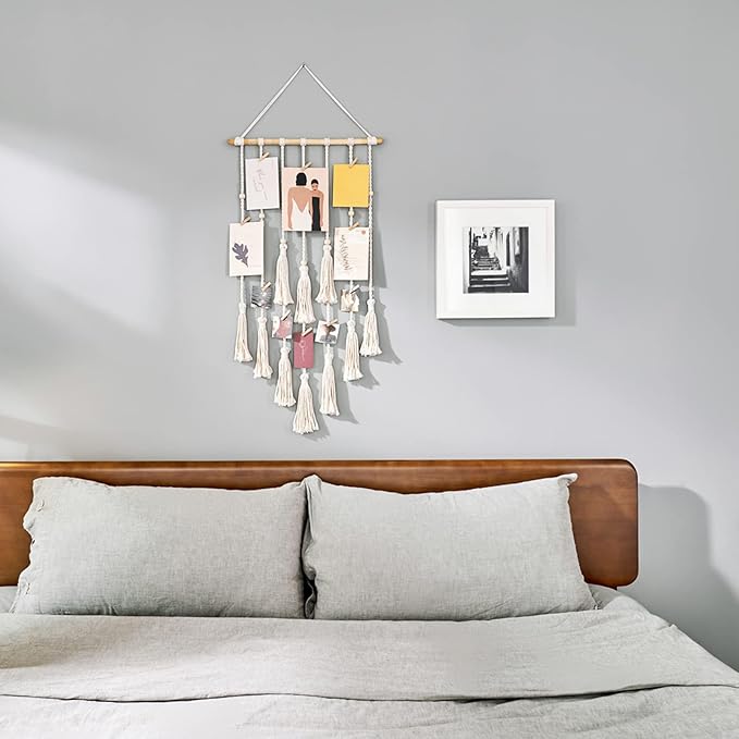 Mkono Hanging Photo Display Boho Macrame Wall Decor with Light, Teen Girl Teenage Gifts, Pictures Cards Frame Holder Art Hanger for Christmas Birthday Party Bedroom Dorm, with 30 Wood Clips, Ivory