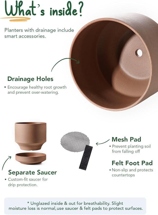 LE TAUCI Large 14 Inch Plant Pot with Saucer | Ceramic Outdoor & Indoor Big Planter Pot | Drainage Hole, Mesh Pad | Unglazed Porous | Modern Minimalist for Home and Patio – Terracotta Color