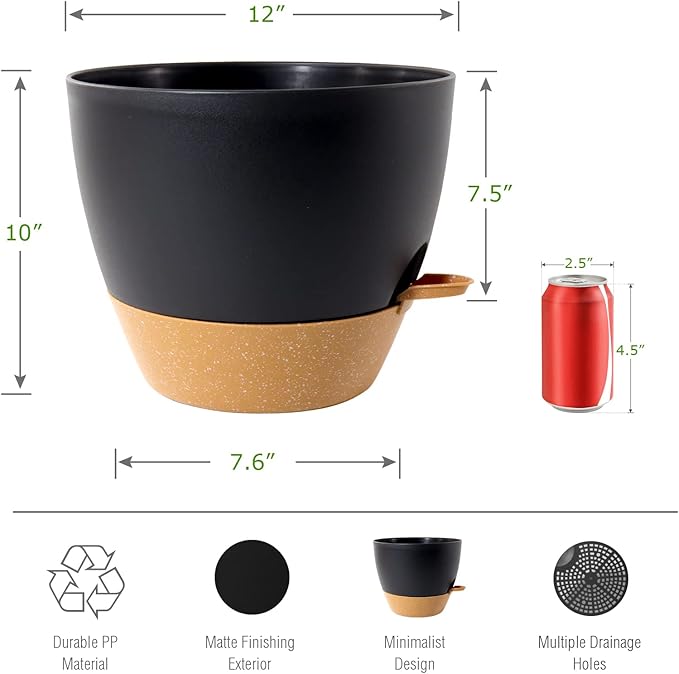 UOUZ 12inch 2Pack Large Self Watering Planters, Plastic Plant Pots with 60oZ Removable Deep Reservoir and Multi Mesh Drainage Holes for Indoor Outdoor Garden Plants and Flowers, Black with Brown