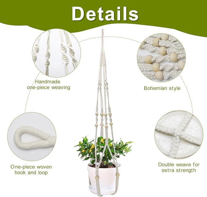 Plant Hangers, 35’ Plant Hangers Indoor, Handmade Woven No Tassels Style Hanging Plant Holder with Wood Beads Decorative Flower Pot Holder for Indoor Outdoor and Home Decor Hanging Planter