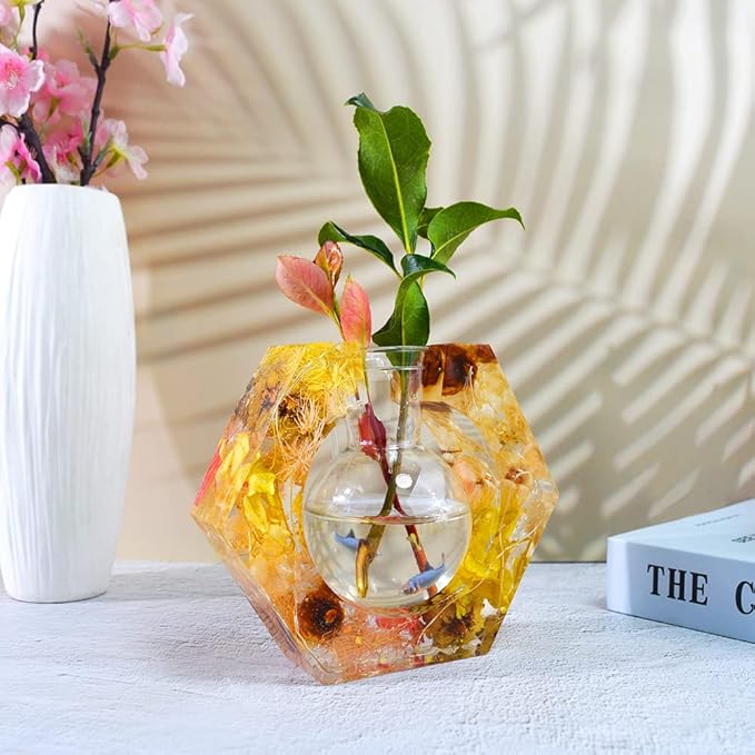 Silicone Resin Mold for Plant Propagation Station,Hexagon Planter Epoxy Mold for Hydroponic, with Plastic Bottle for Home Garden Wedding Desk Decoration