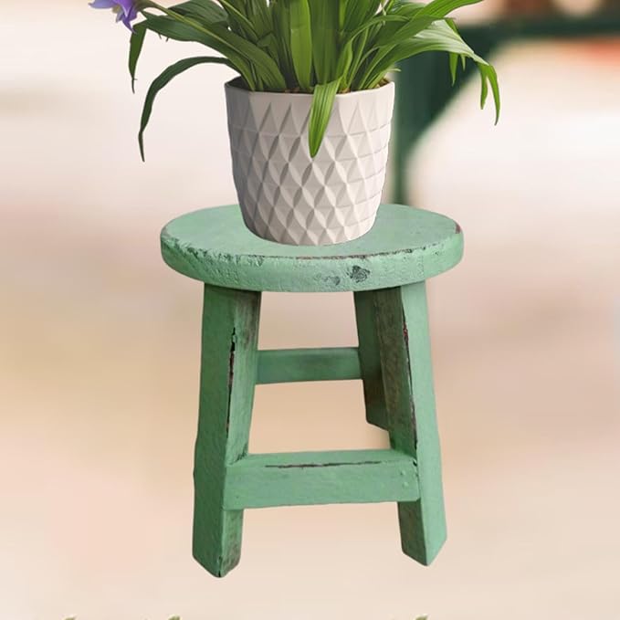 Wooden Stool Plant Stand Flowerpot Rack Round Rustic Small Display Stand Flower Shelf for Garden Office Table Home Decoration, Green