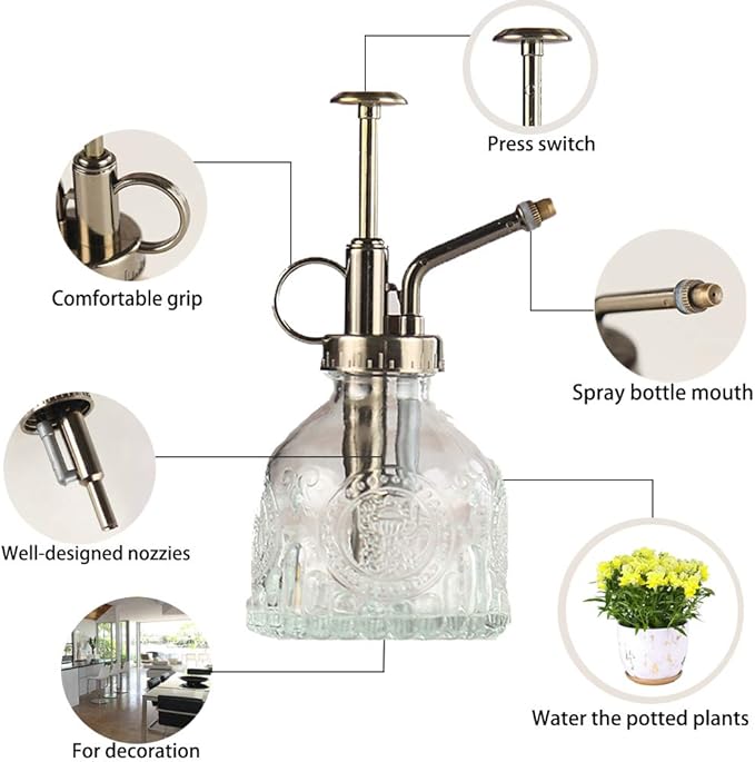 Plant Mister Glass Spray Bottle Small Plant Watering Can 6.4" Tall Retro Indoor Watering Can Bronze Plastic Top Pump for Garden Indoor Plant Sprayer (Transparent)