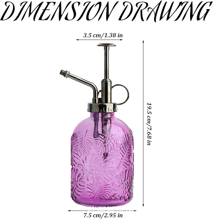 Plant Sprayer Mister 350ml Fine Mist Water Can Leaf Pattern Glass Purple Watering Can with Handle Non-Slip Exquisite Plant Watering Device for Indoor
