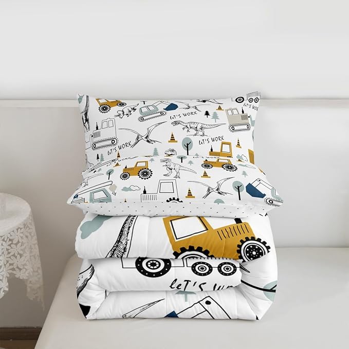 Feelyou Construction Comforter Set Queen Size Kids Cartoon Car Excavator Tractor Toddler Comforter Equipment Trucks Dinosaur Comforter Set Construction Vehicles White Yellow Duvet Set Quilt Set