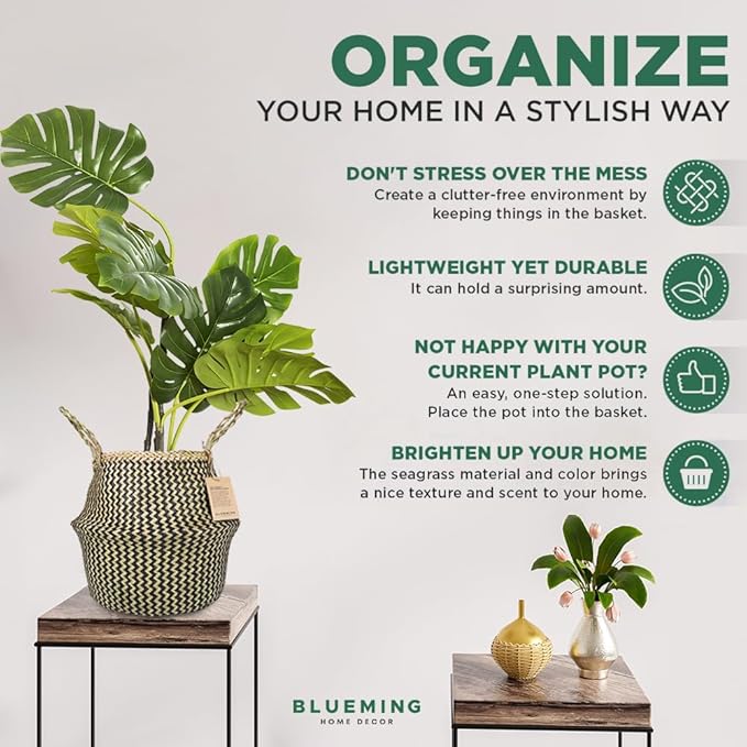 Blueming Home Wicker Plant Basket – Large Seagrass Floor Pot for Faux Olive Tree or Snake Plant, Black Decorative Woven Indoor Planter for 9-10 Inch (Black, Large)