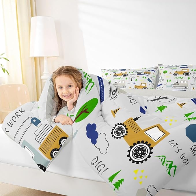 Feelyou Construction Comforter Set Full Size Equipment Trucks Bedding Set for Kids Boys Construction Vehicles Duvet Quilt Excavator Tractor Bedroom Decor Cartoon Car Grey3 Pcs with 2 Pillow Cases