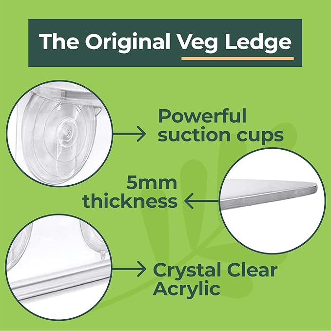 Window Garden Double Veg Ledge - Window Shelf for Plants, Clear Acrylic Shelves - Suction Cup Indoor Plant Holder - Glass Window Sill Extender for Microgreens Kit, Seed Starter Pots, Planters (2 Pack)