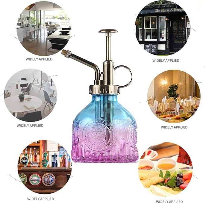Plant Mister Glass Spray Bottle Small Plant Watering Can 6.4" Tall Retro Indoor Watering Can Bronze Plastic Top Pump for Garden Indoor Plant Sprayer (Blue Violet Gradient)