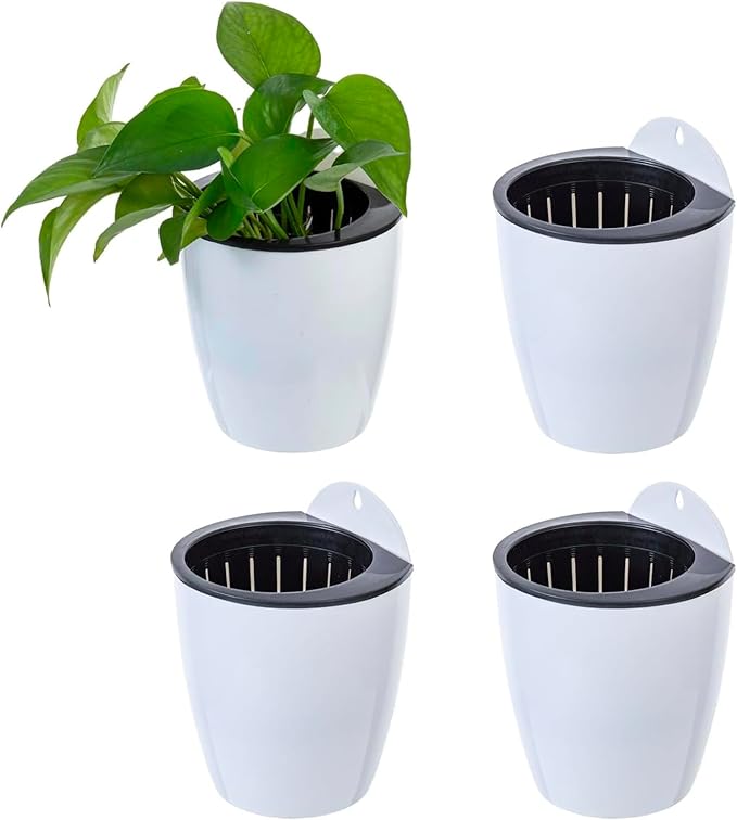 MyGift 5 Inch Wall Mounted Modern White Plastic Self Watering Planter Pots, Small Hanging Double Layer Wall Planter, Tabletop Mini Plant Container for Herb Succulent Cactus Flower, Set of 4
