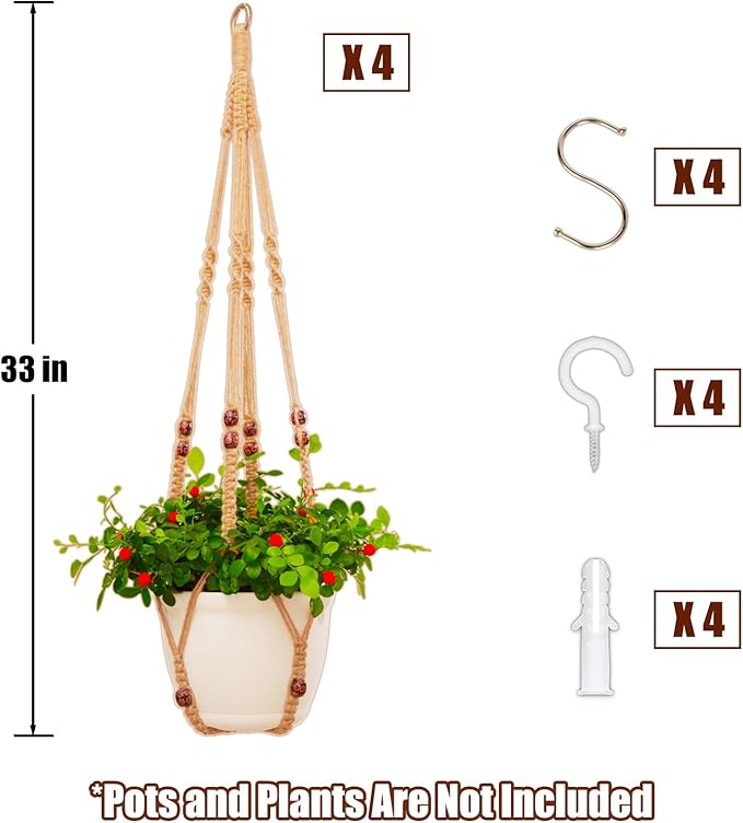 petonfun Macrame Plant Hanger Indoor Set,Hanging Planters for Indoor Plants Outdoor,Hanging Plant Holder Basket Pot with 8 Hooks,Boho Home Decor Crochet Beads Window Ceiling,No Tassels 4 Pack,Brown