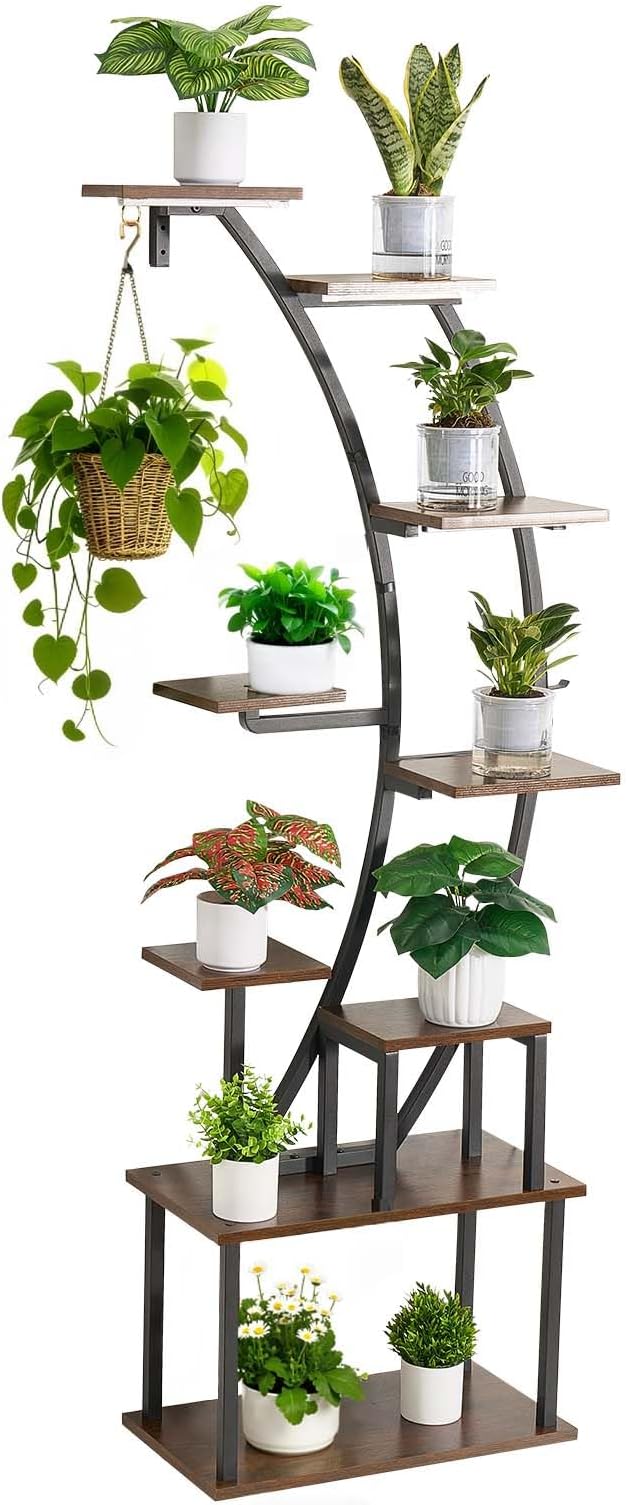 VEVOR Plant Stand Indoor with Grow Lights, 63 in Tall 9-Tier Lighted Plant Shelf, Metal Corner Plants Holder, 3 Timer & 10 Brightness, Curve-Shaped Flower Display Rack for Living Room Balcony Decor