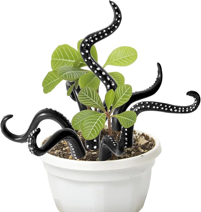 BOXOB 7pcs Octopus Tentacle Plant Stakes, Various Shapes Glow in The Dark Octopus Leg Stakes Evil Decorative Garden Stakes for Potted Plants Indoor Outdoor Decoration (Black)