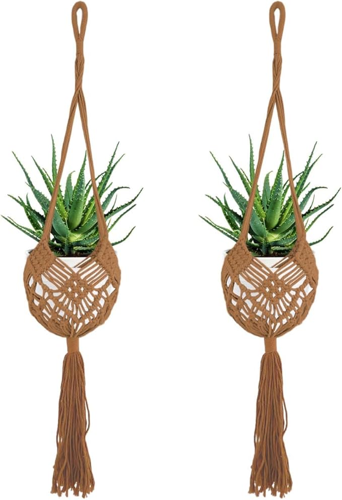 2 Pack 90CM (35inch) Extra Long Macrame Plant Hangers, up to 8 inch Pot Hanging Planter with Patterns, Premium Cotton Rope Crochet Boho Hanging Planter Basket for Indoor & Outdoor Plants (Brown)
